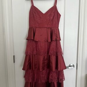 Lulus Deanna Rusty Rose Lace Satin Tiered Midi Dress